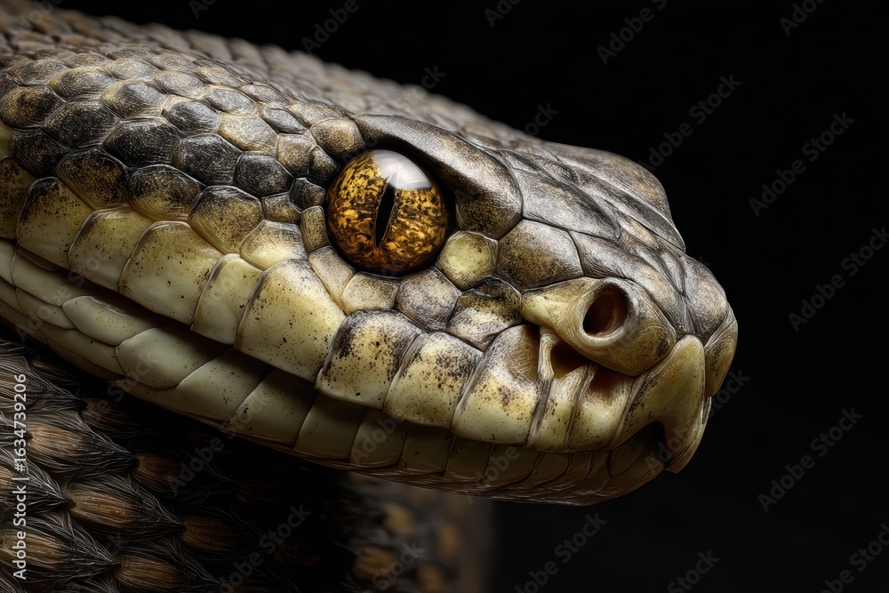Poster close-up view of a dangerous snake showcasing intricate scales and intense gaze in a darkened enviro