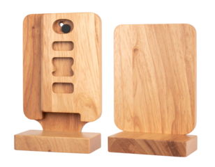 Wooden phone holder with charging port and cable management, a sustainable and minimalist desk accessory for modern technology on transparent background