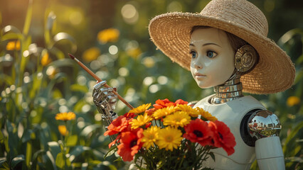 An artificially intelligent robot explores the world of flowers in the great outdoors.