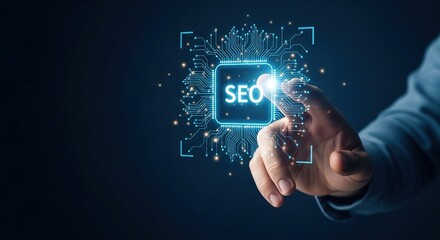 A finger touches glowing SEO text on a digital circuit against dark background