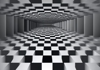 Naklejka premium Endless checkered hallway with a surreal perspective. Abstract monochrome 3D graphic representing the concept of infinity.