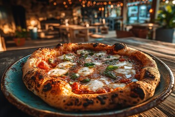 Pizza Napoletana fresh from wood-fired oven in sunlit rustic Italian setting