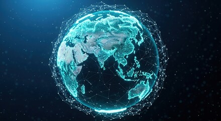 Fototapeta premium Glowing cyan digital Earth is surrounded by a geometric network on dark background