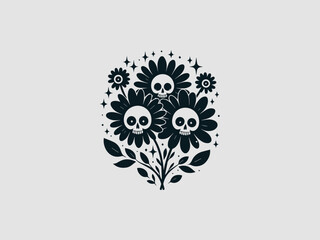 A cute vector illustration of three floral skull designs with leaves and starry sparkles for halloween