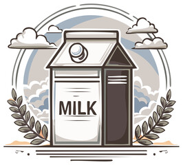 Stylized milk carton illustration in a circular emblem with clouds and branches