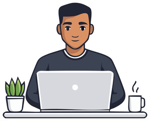 Illustration of a person using a laptop with coffee and a plant on the desk for work or remote access.