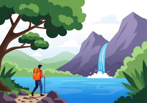 Flat illustration of a lone hiker with a backpack and trekking poles walks along a rocky path towards a majestic waterfall cascading into a serene lake - Powered by Adobe