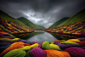 Colorful yarn landscape reflecting in a calm lake, dramatic mountain backdrop