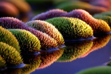 Close-up of vibrant moss clumps reflected in still water
