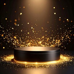 Dark circular platform with golden light and sparkles