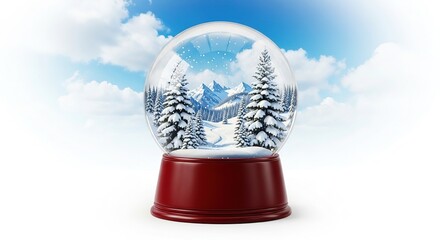 Serene Winter Snow Globe:  Snowy Mountain Landscape,  Falling Snow,  Red Wooden Base,  3D Render,  Holiday Festive Mood.