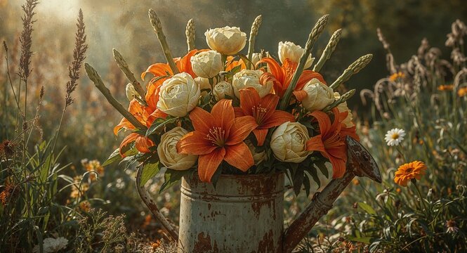 Arrangement of orange lilies and white roses in a vintage watering can in a garden setting outdoors