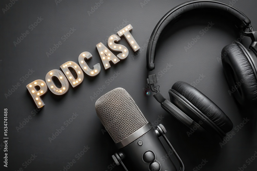 Poster top view of a podcast concept lightbox with microphone and headphones, showcasing modern audio conte