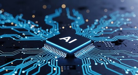 AI Microchip: Futuristic Technology, Circuit Board, Blue Glowing Lines, Abstract Digital Concept