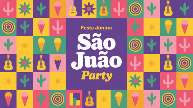 Festa Junina São João Party with Cacti Guitars Ice Cream and Sun Symbols Brazil Brazilian festival