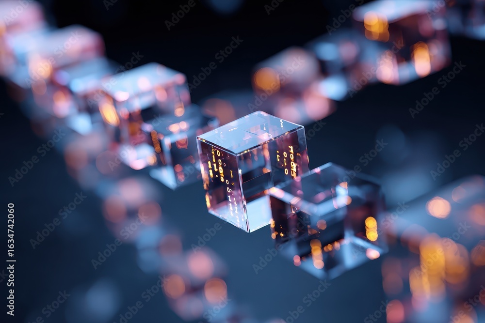 Poster blockchain concept banner featuring isometric digital blocks illuminated with glowing data elements 