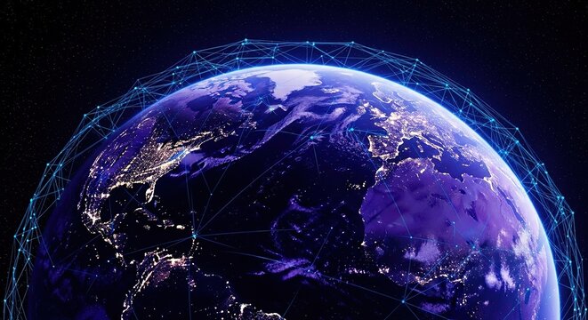 Global Network Connections: Futuristic Earth at Night, Illuminated by Digital Network