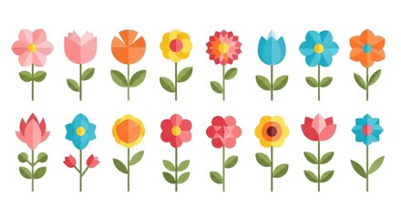 Obraz premium Flat illustration of a vibrant collection of flat design flowers in various colors and shapes arranged in two rows