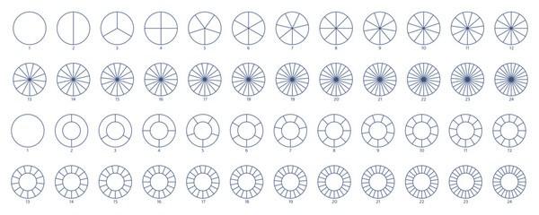 Segment slice line art. Pie chart icon. Wheel round diagram part. Circle section graph. 2,3,4,5,6 segment infographic. Five phase, six circular cycle. Geometric element. Vector illustration