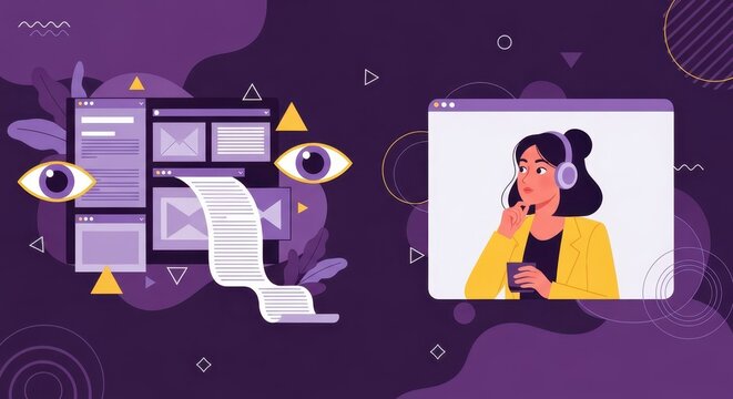 Flat illustration of a woman with headphones listens intently while analyzing data and information on a digital interface - Powered by Adobe