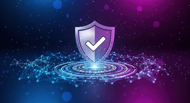 Cybersecurity Shield: Digital Protection, Verified Security, Futuristic Technology, Abstract Background.