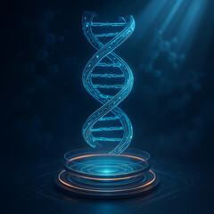 Floating double helix DNA structure glowing above platform in futuristic blue biotech environment