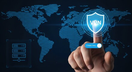 A finger connects to a VPN shield icon against a digital world map background