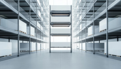 Seamless multi level warehouse interior with modern shelving units, showcasing organized storage space and efficient design
