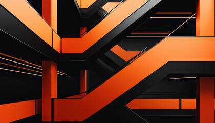 Modern architectural design features bold orange and black colors, showcasing dynamic multi level structure with intricate lines and angles