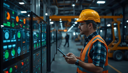 Worker monitors industrial control panel in a modern manufacturing facility during daylight hours