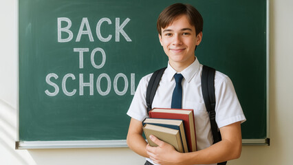Smiling schoolboy in uniform holding books and backpack standing in classroom near chalkboard with back to school message