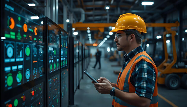 Worker monitors industrial control panel in a modern manufacturing facility during daylight hours - Powered by Adobe
