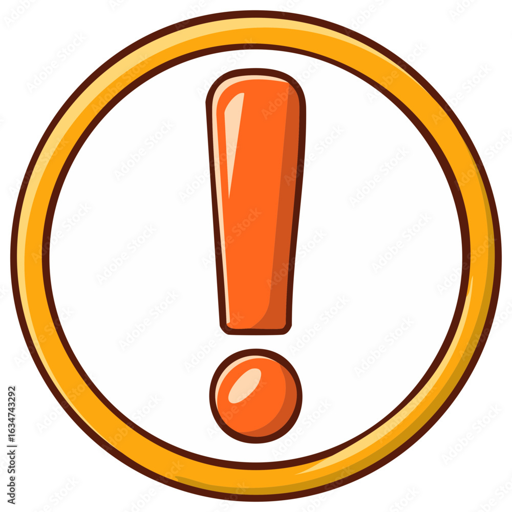 Poster orange exclamation point icon in a circular symbol alerting potential issues or warning of important