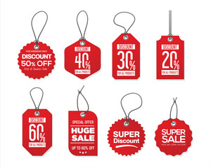 Realistic red sale labels, discount price tags. paper gift label with rope stock illustration 