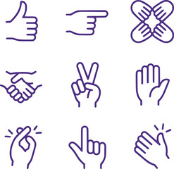 Diverse Hand Gesture Icon Set Representing Communication Agreement Collaboration and Appreciation with Symbolic Designs for Various Actions and Expressions All in Purple Outline