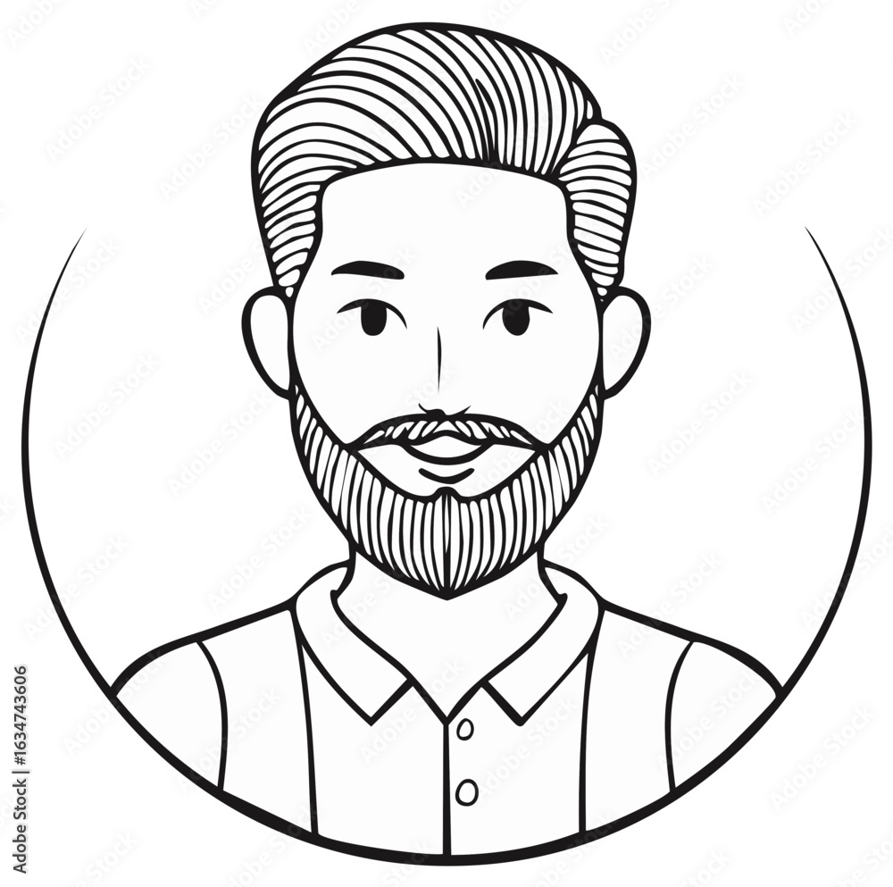 Poster man portrait with beard, mustachе in circular frame outline.