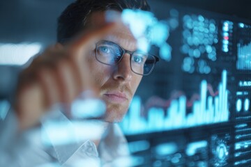 Business analyst reviewing market futures on interactive digital screen