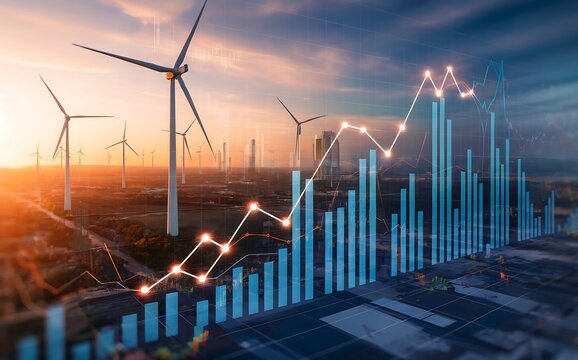 Wind turbines generating clean energy with a financial graph showing growth and investment in renewable energy sources