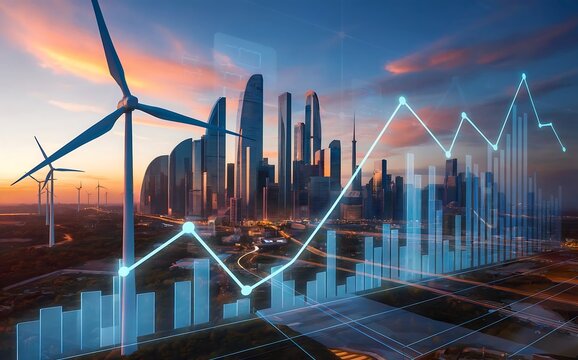 Wind turbines with city skyline and financial graph showing growth in the renewable energy market and investment trends