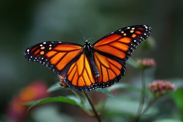 Bright monarch butterfly resting on flowers in a lush garden setting during a sunny afternoon