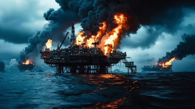 An oil rig in the middle of the ocean with a lot of smoke coming out of it