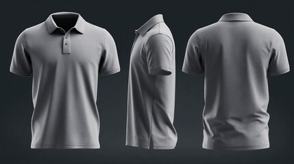 Elegant deep gray polo t-shirt mock-up for luxury apparel brands. Sophisticated front, side, and back view presentation. A refined t-shirt mock-up for fashion