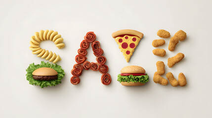 Fast food stacked burger patties and lettuce, slice of pizza, chicken nuggets spelling SALE in bold style, great for street food posters and takeaway marketing visuals