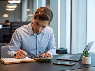 A young professional businessman working at his desk, calculating finances and taking notes in a modern office.