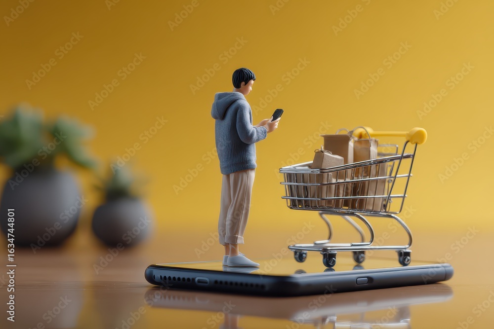 Poster exploring online sales with a miniature figure interacting with a smartphone and shopping cart in a 