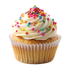 Delicious Cupcake with Sprinkles and White Frosting on Transparent Background, Ready for Parties