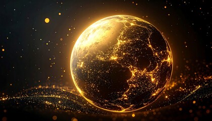 Golden Earth globe with glowing continents and glittering particles