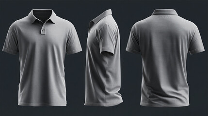 Minimalist deep gray polo t-shirt mock-up for a clean and modern look. Simple yet effective front, side, and back view. An elegant t-shirt mock-up template.