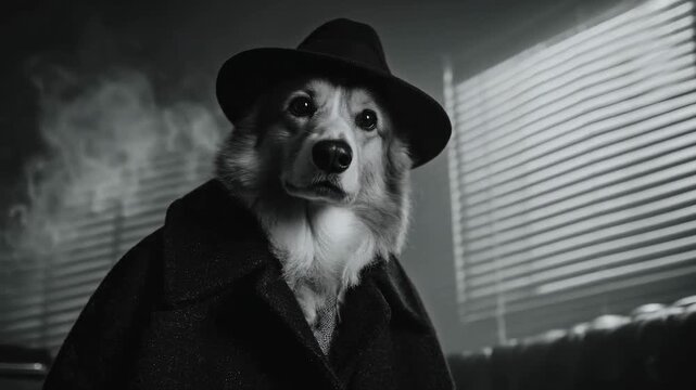 A funny dog detective in a trench coat and fedora hat looks at the camera in a smoky office, a humorous film noir concept for a mystery parody and creative advertising