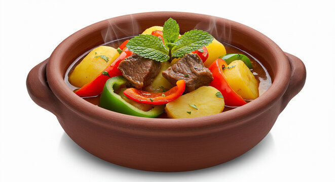 A steaming clay bowl of chairo, a traditional Andean stew made with lamb, potatoes, chu&ntilde;o (freeze-dried potato), and colorful Andean peppers. Garnished with fresh mint.